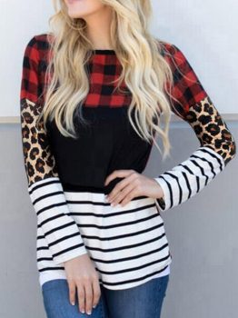 Plaid Print Leopard Splicing Striped Color Block Long Sleeve Top