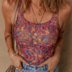Purple Floral Printed Mesh U Neck Sleeveless Bodysuit