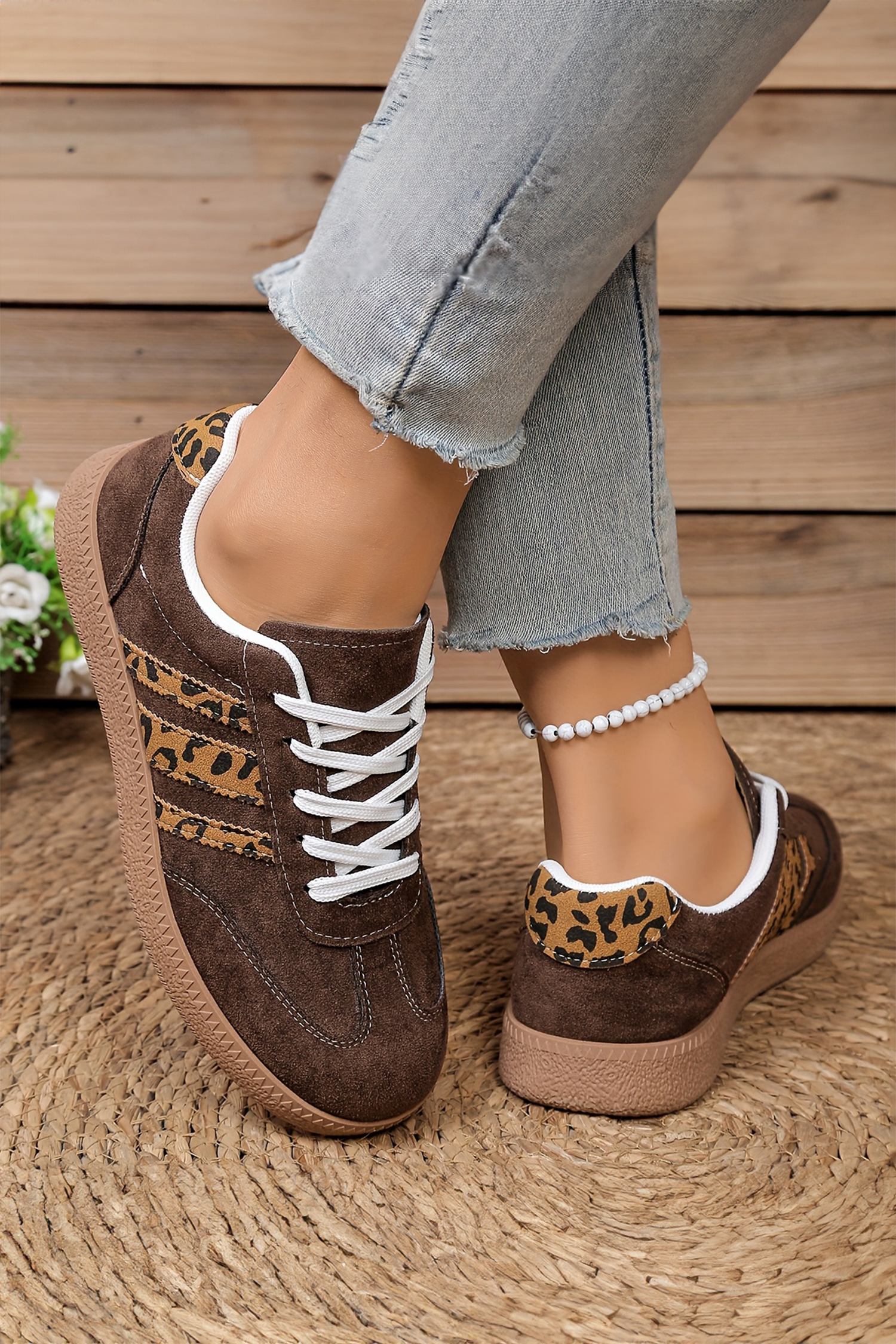 Coffee Contrast Lace-up Leopard Patchwork Detail Faux Suede Shoes - Image 2