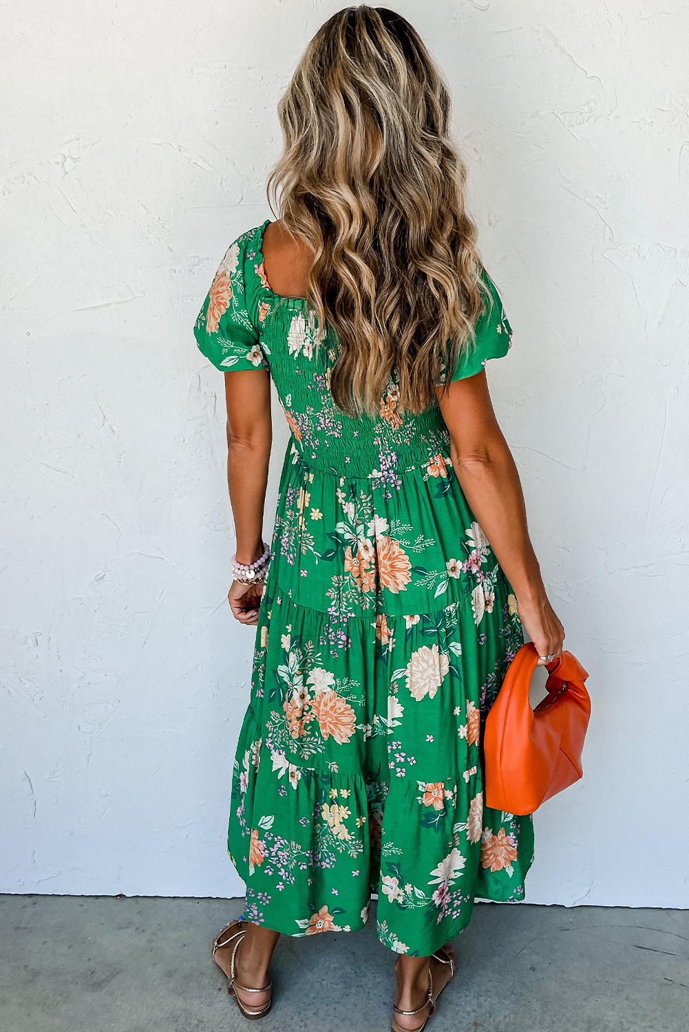 Green Floral Print Bubble Sleeve Smocked Tiered Midi Dress - Image 2