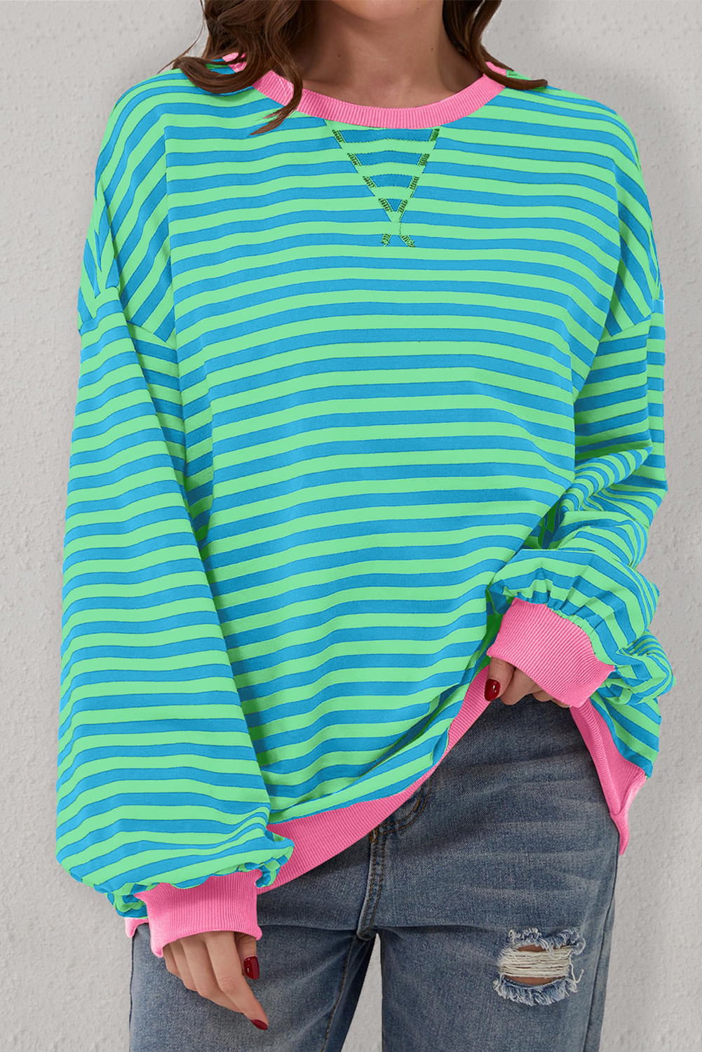 Sky Blue Stripe Oversized Contrast Trim Pullover Sweatshirt - Image 4