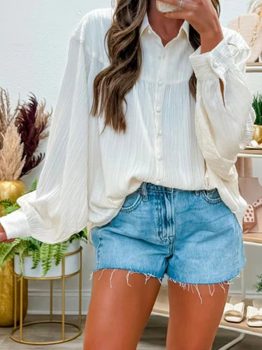 White Crinkled Texture Lantern Sleeve Button Down Loose Shirt