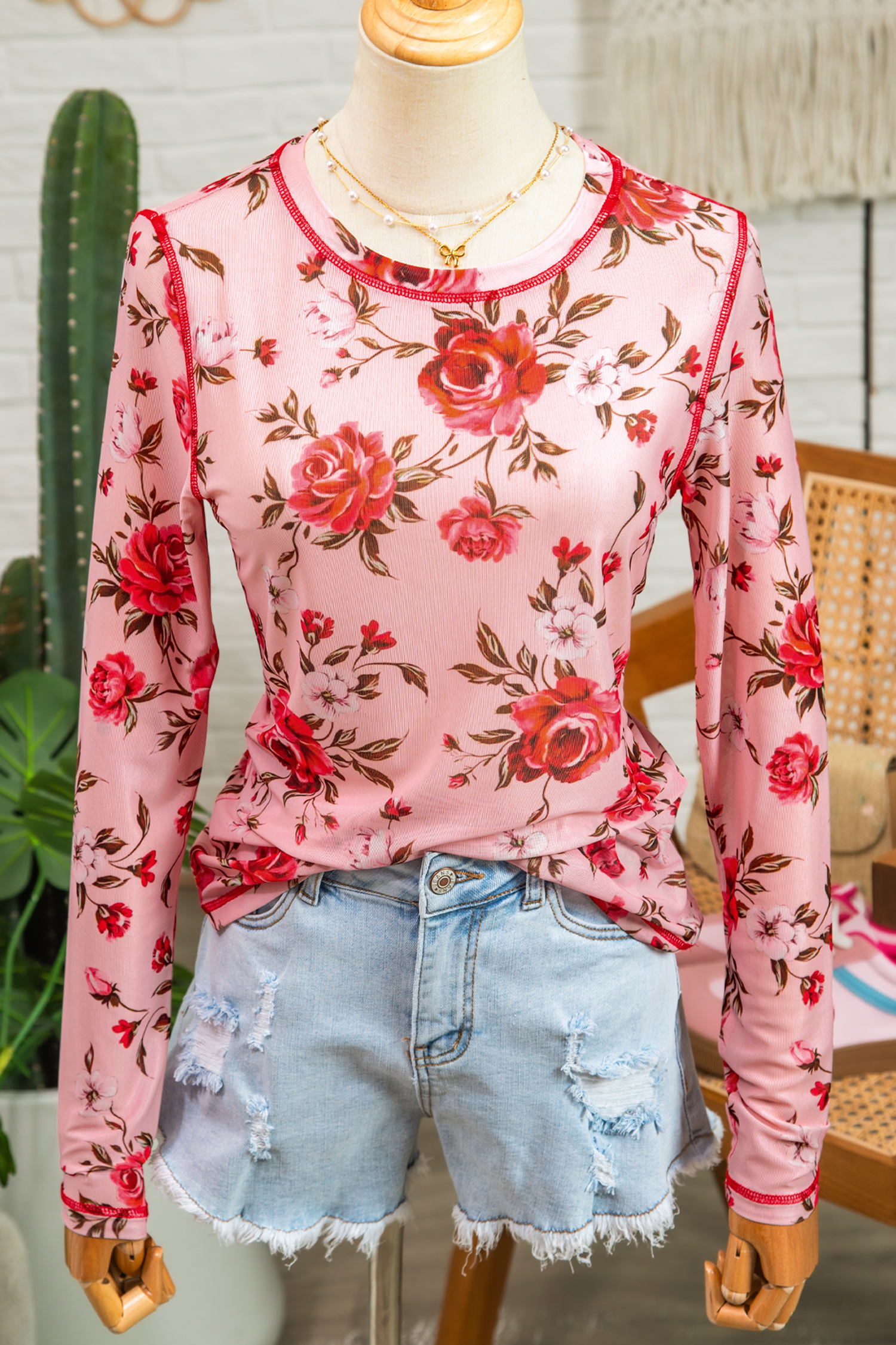 Pink Floral Print Exposed Seam Detail Mesh Long Sleeve Top - Image 3