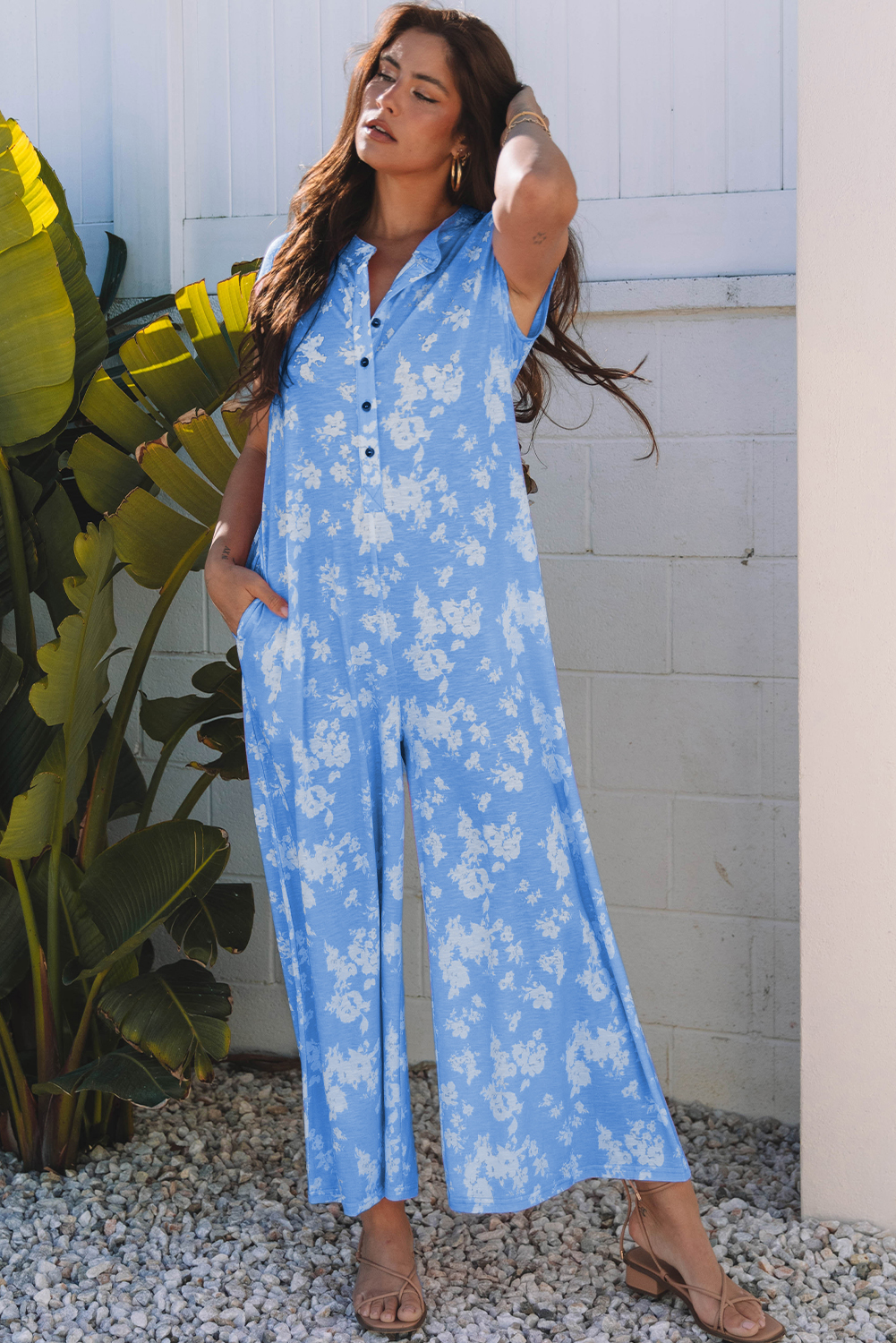 Myosotis Floral Print Half Button Wide Leg Relaxed Sleeveless Jumpsuit - Image 5