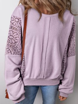 Orchid Petal Knit Crochet Exposed Seam Ribbed Trim Sweatshirt