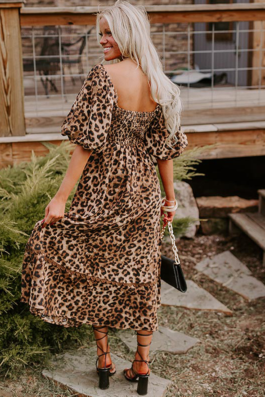 Brown Leopard Print Bubble Sleeve Square Neck Maxi Dress - Image 8