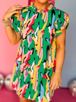 Green Abstract Print Frilled Neck Ruffled Sleeve Mini Dress