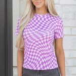 Purple Checkered Print Mock Neck Mesh T Shirt