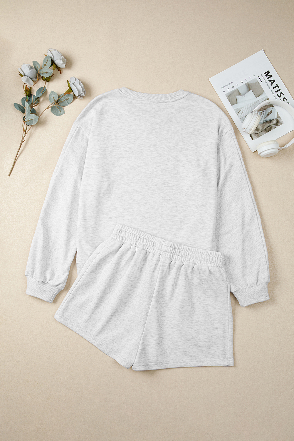 Light Grey Girly Bow Embroidered Detail Puff Sleeve Pullover 2pcs Short Set - Image 4