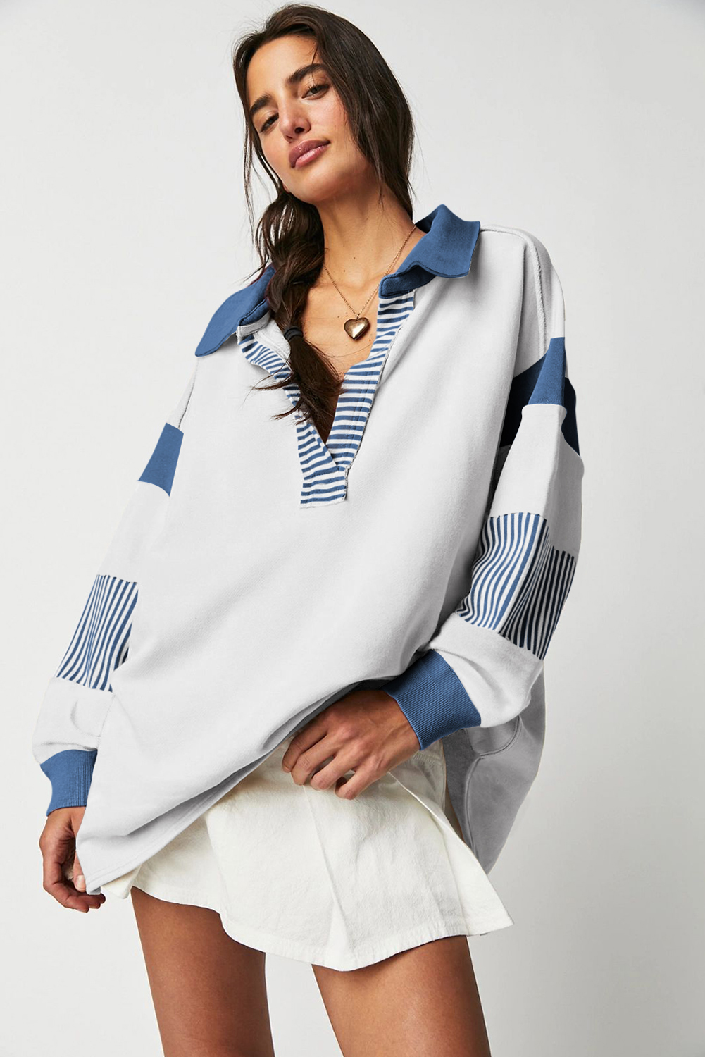 Dark Blue Striped Colorblock Patchwork Collar Sweatshirt - Image 2