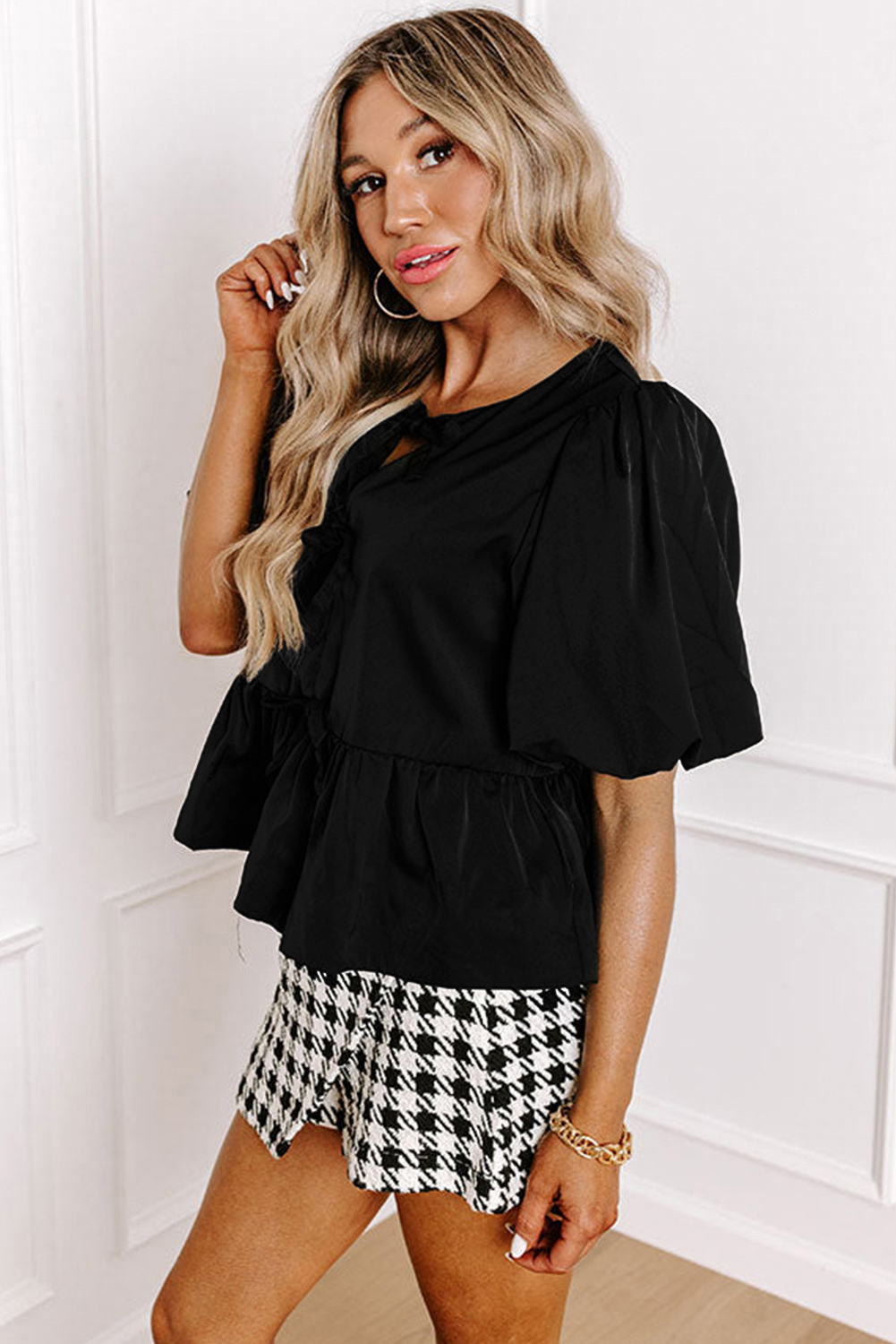 Black Puff Sleeve Bowknot Front Peplum Blouse - Image 3