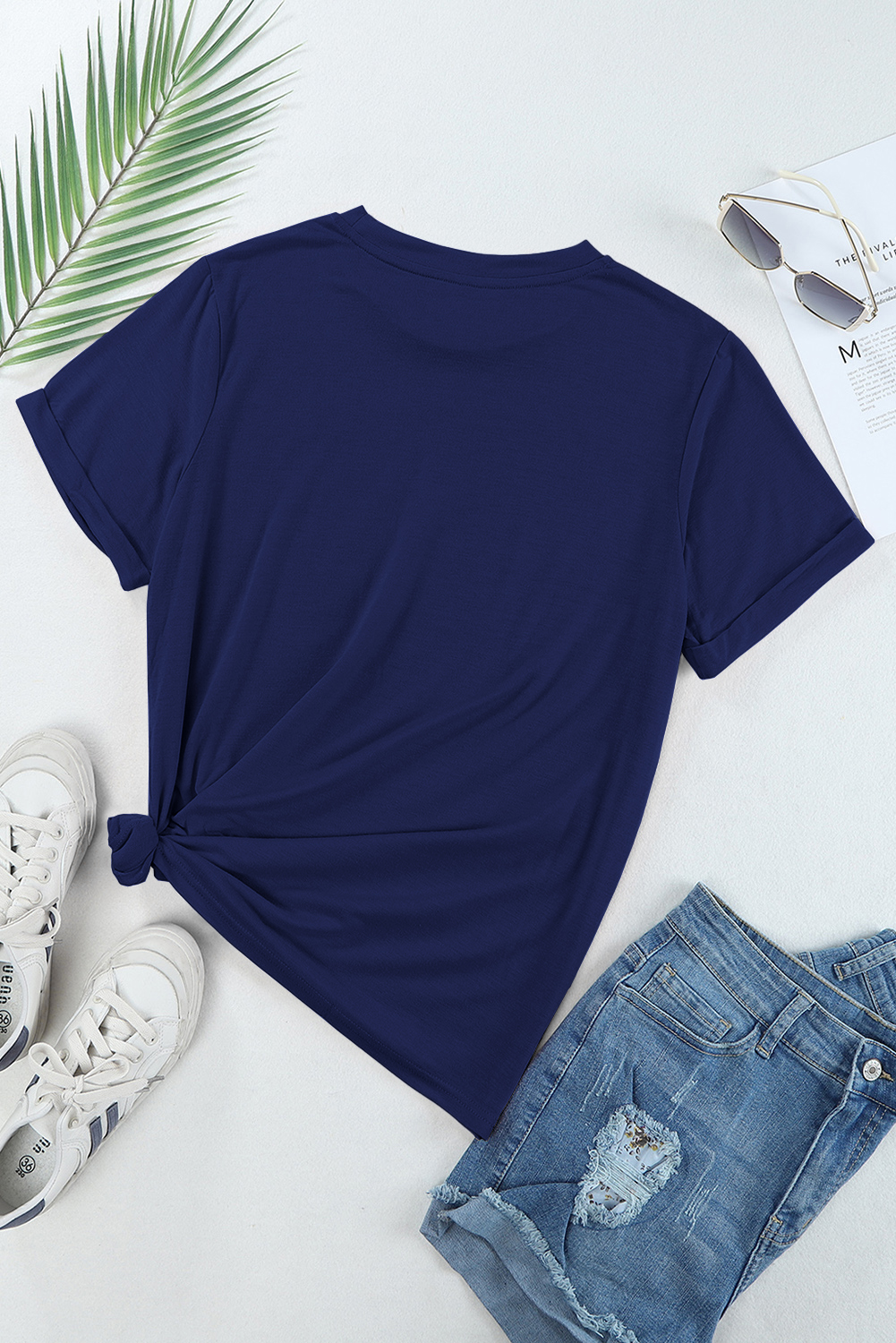 Blue Casual Plain Crew Neck Tee - Image 6