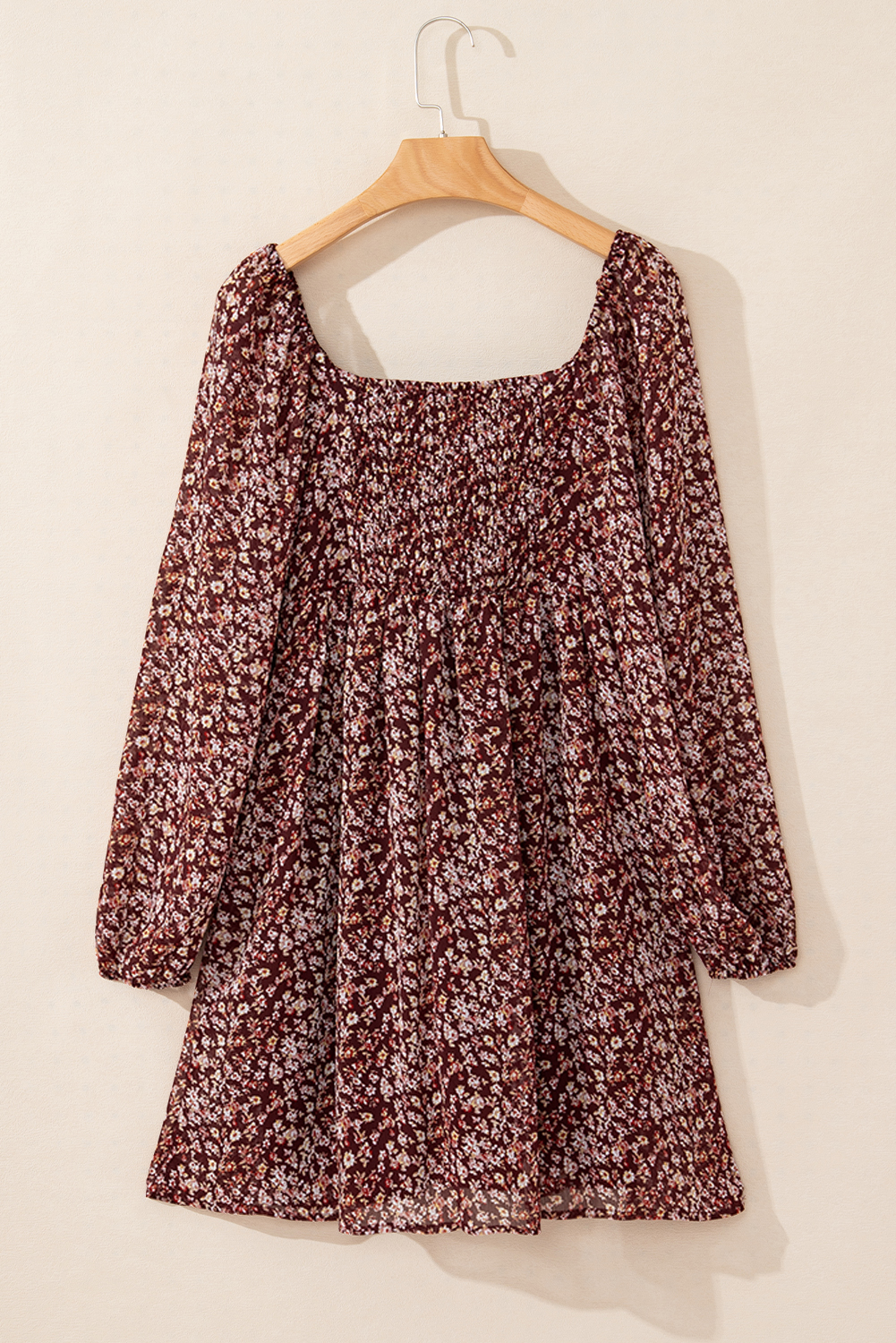 Red Floral Print Sweetheart Neck Shirred Back Mini Dress - Image 5