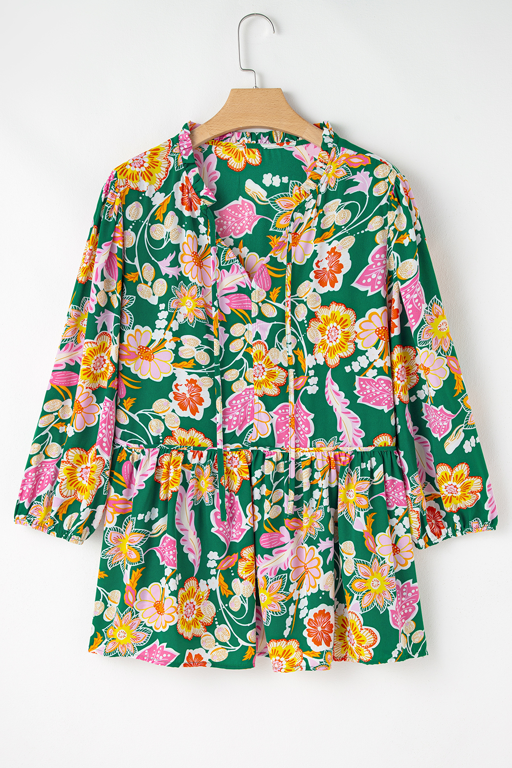 Green Floral Tied V Neck Long Sleeve Plus Size Babydoll Top - Image 8