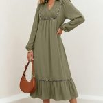 Four Leaf Clover Collared V Neck Smocked Detail Contrast Leopard Trim Bracelet Sleeve Long Dress