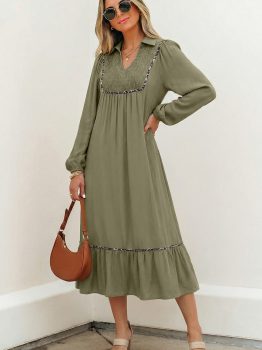 Four Leaf Clover Collared V Neck Smocked Detail Contrast Leopard Trim Bracelet Sleeve Long Dress