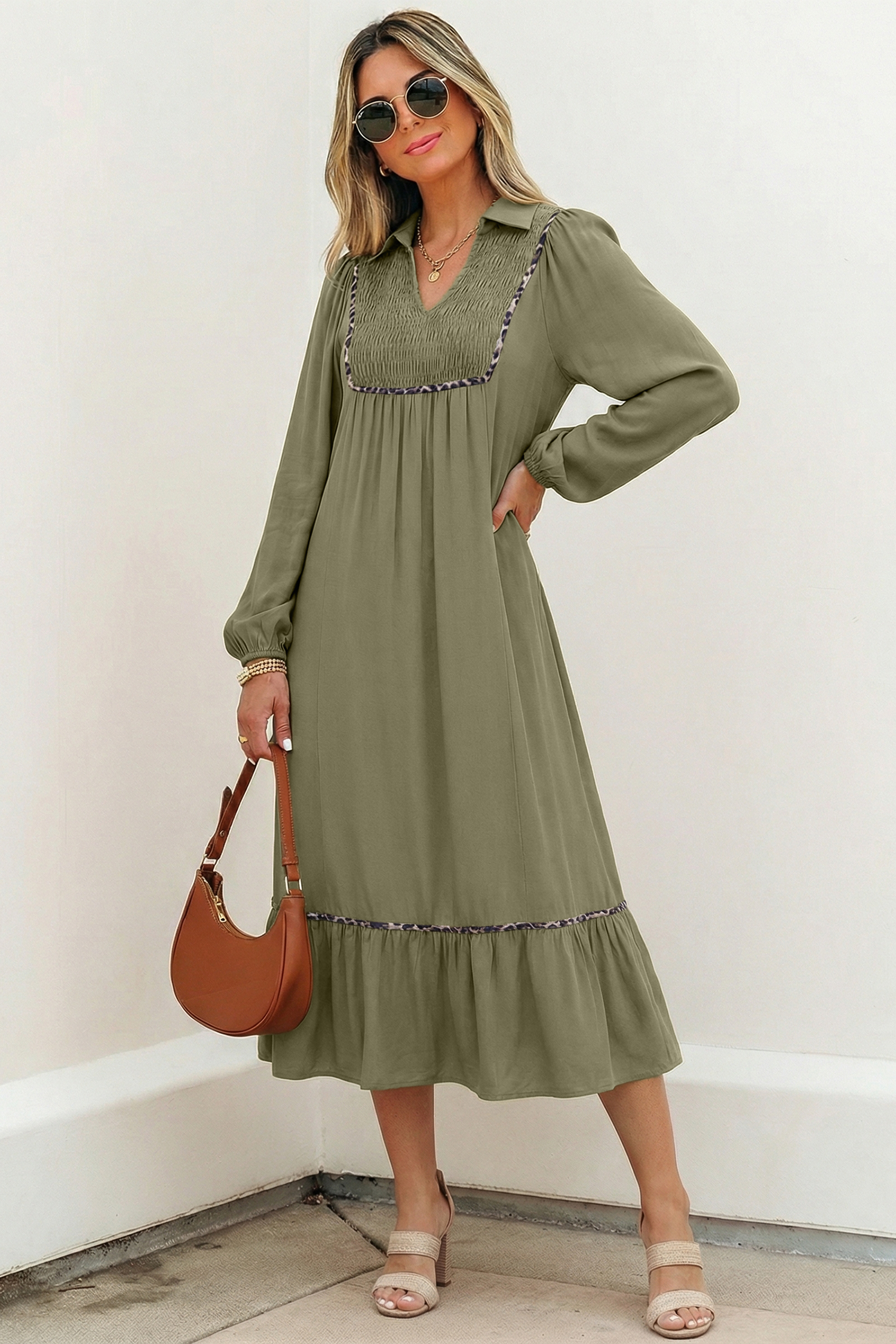 Four Leaf Clover Collared V Neck Smocked Detail Contrast Leopard Trim Bracelet Sleeve Long Dress