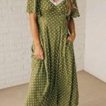 Green Polka Dot Print Lacy Neckline Smocked High Waist Maxi Dress