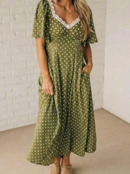 Green Polka Dot Print Lacy Neckline Smocked High Waist Maxi Dress