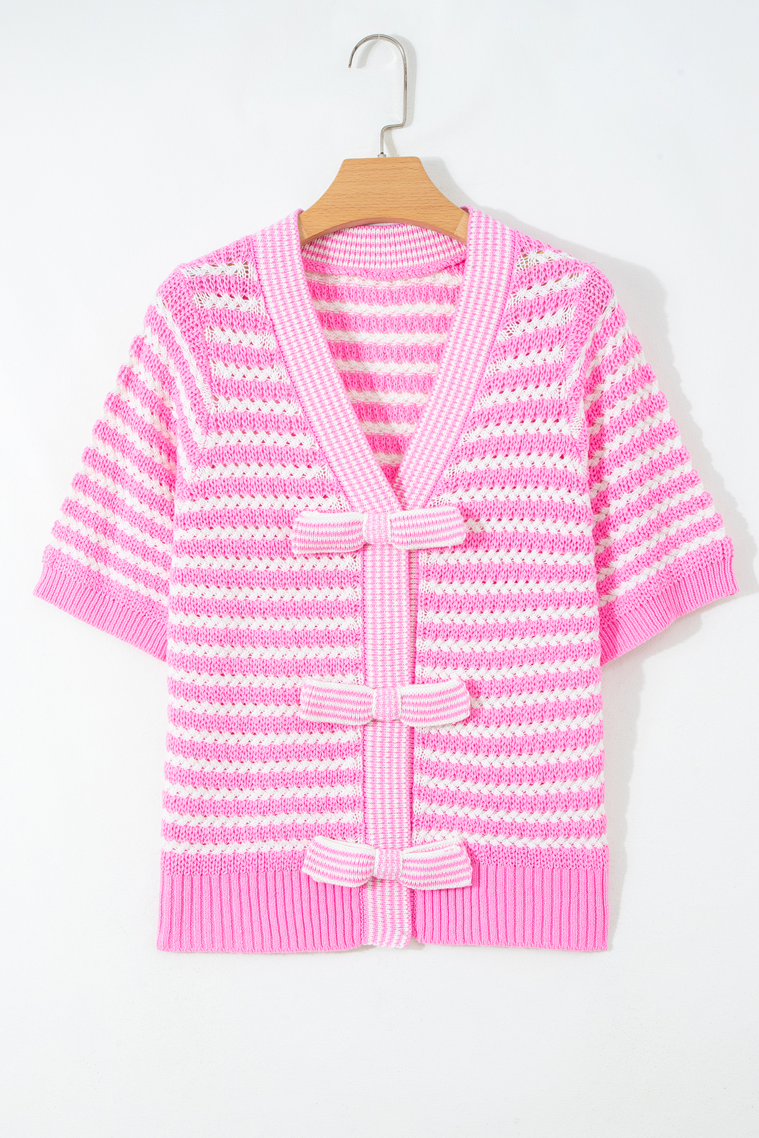 Pink Stripe Short Sleeve Knit V Neck Bow Knot Sweater - Image 4