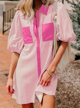 Rose Stripe Color Block Patchwork Shirt Collar Button Down Puff Sleeve Mini Dress