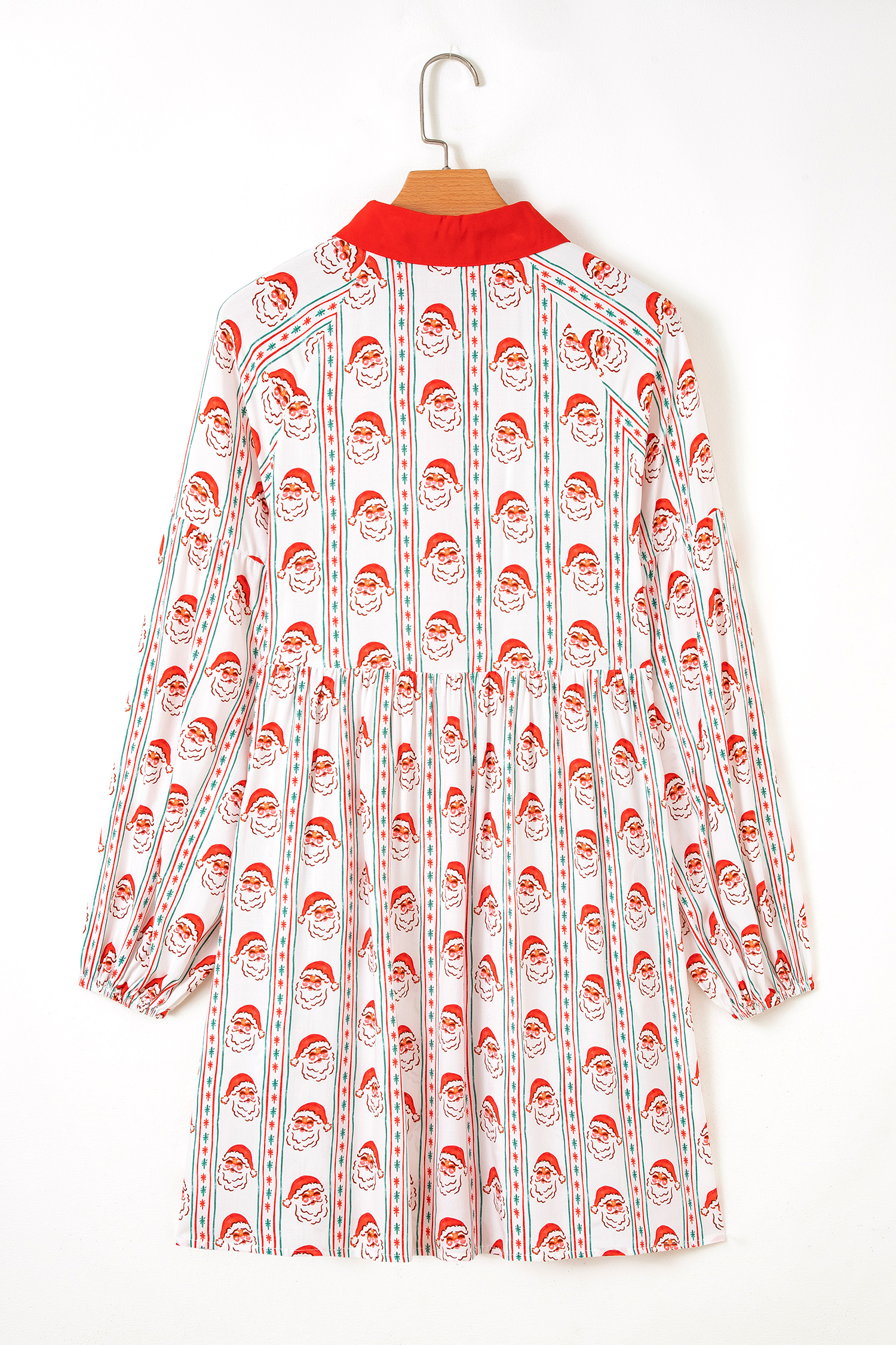 White Father Christmas Contrast Collar Button Front Long Sleeve A-line Mini Dress - Image 7