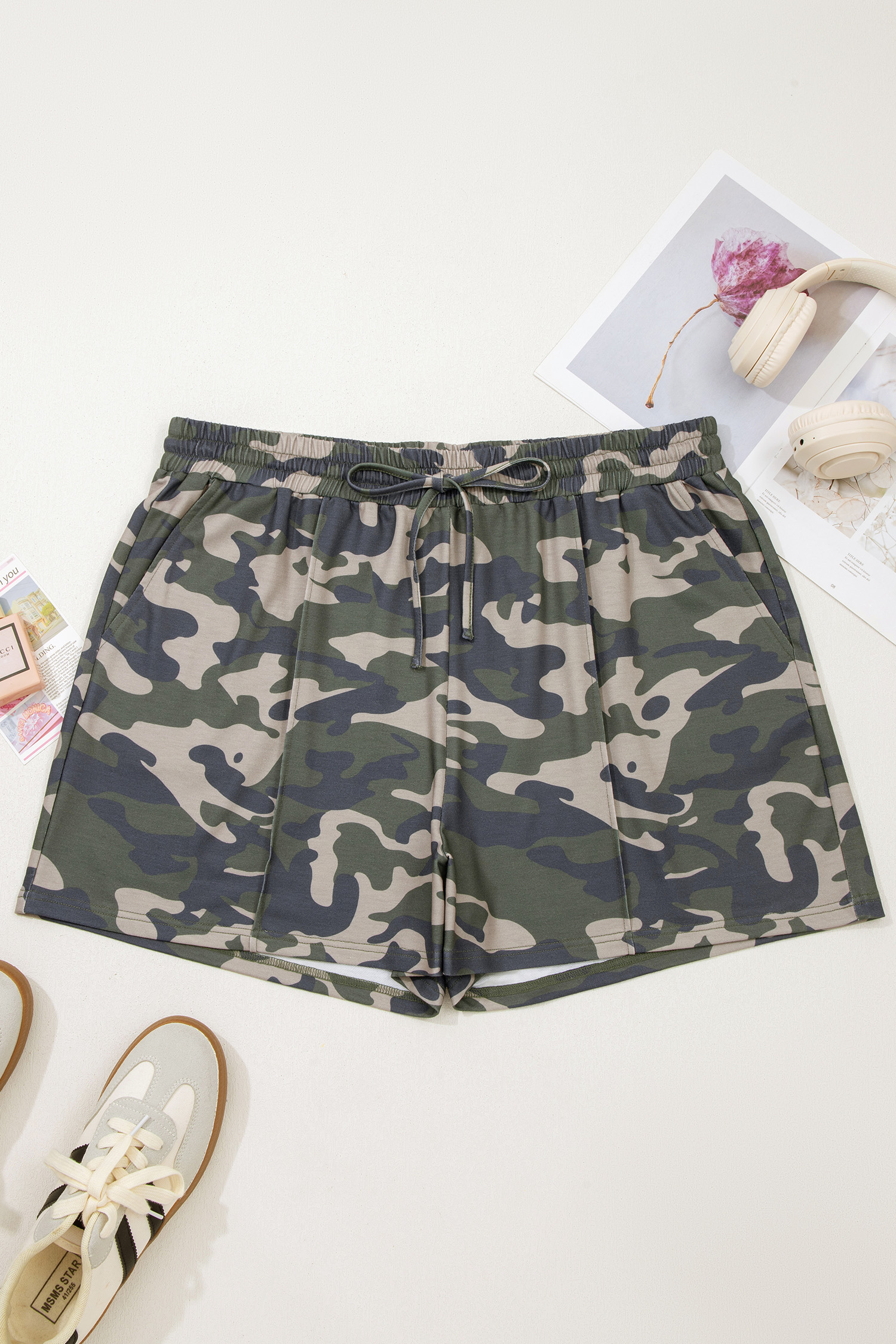 Green Tie Elastic Waist Pocketed Plus Size Camo Shorts - Image 2