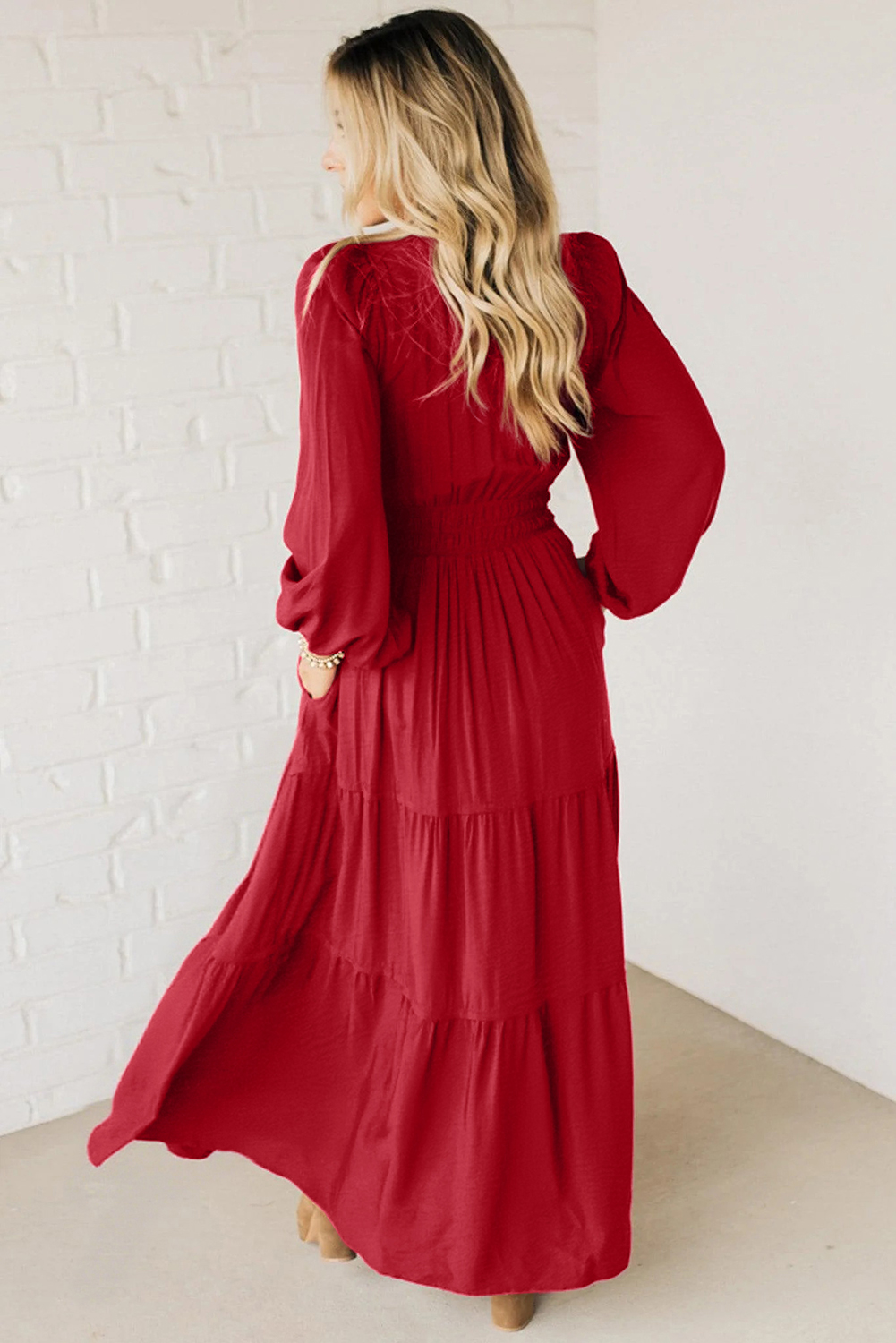 Racing Red Contrast Embroidered Detail Cinched Waist Tiered Long Sleeve Maxi Dress - Image 8