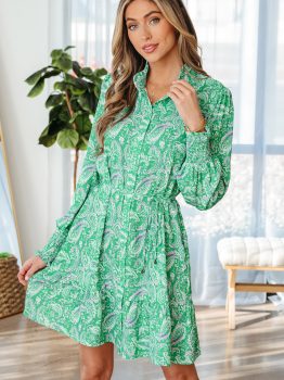Green Paisley Print Long Sleeve Button Front Tied Waist Mini Dress