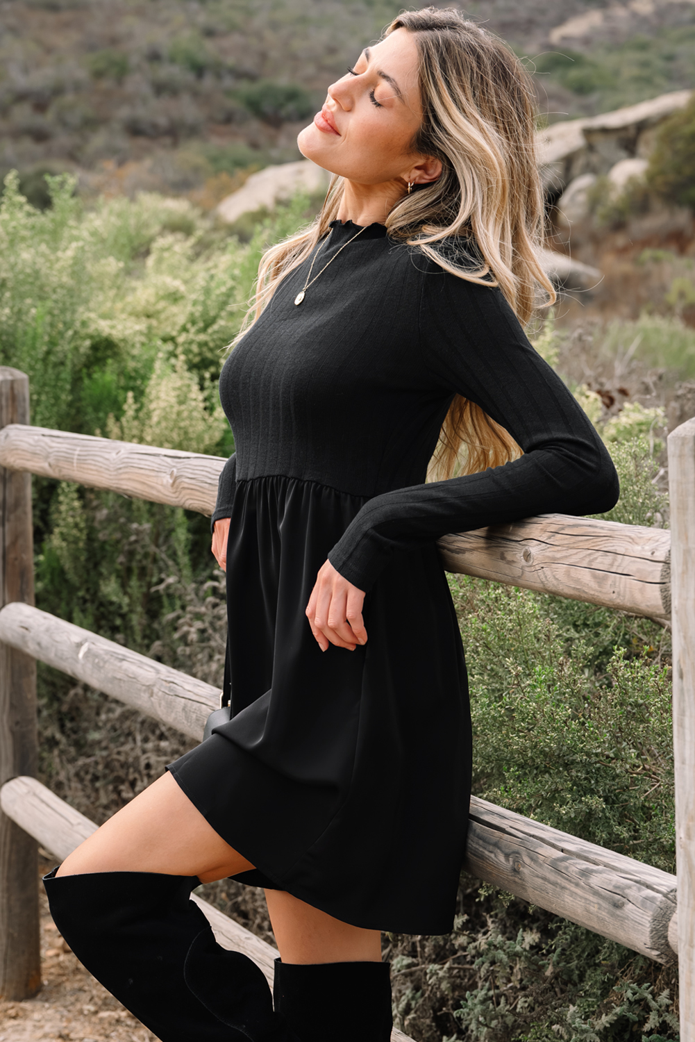 Black Frilled Neck Ribbed Knit Patchwork Long Sleeve Mini Dress - Image 5