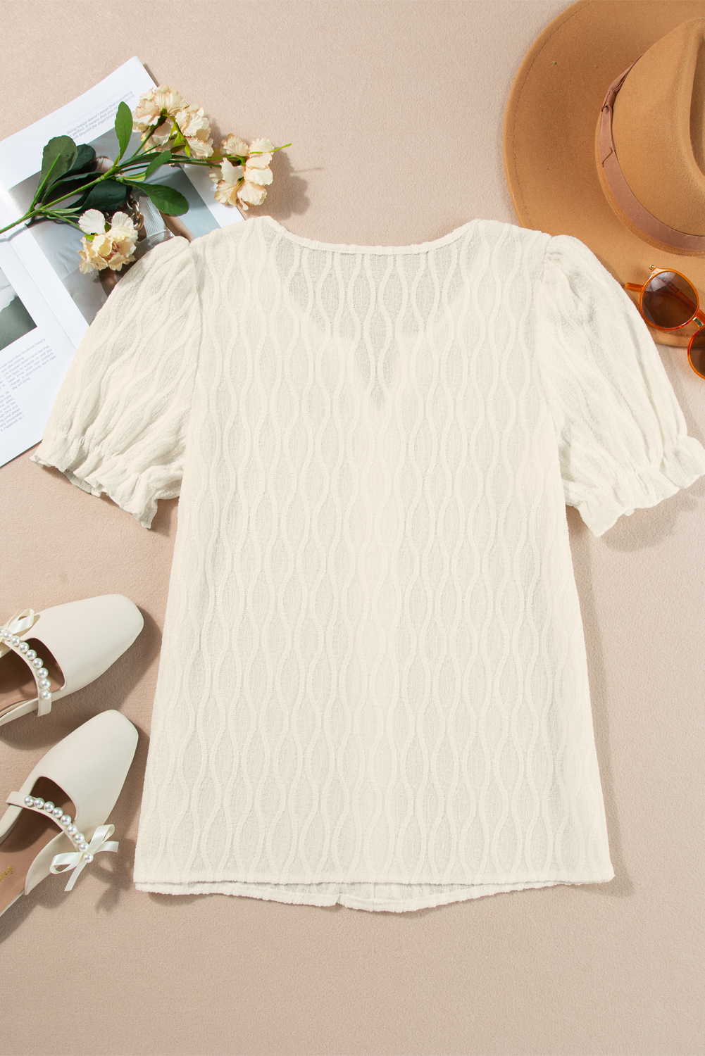 White Solid Color Textured Notched Neck Puff Sleeve Blouse - Image 6