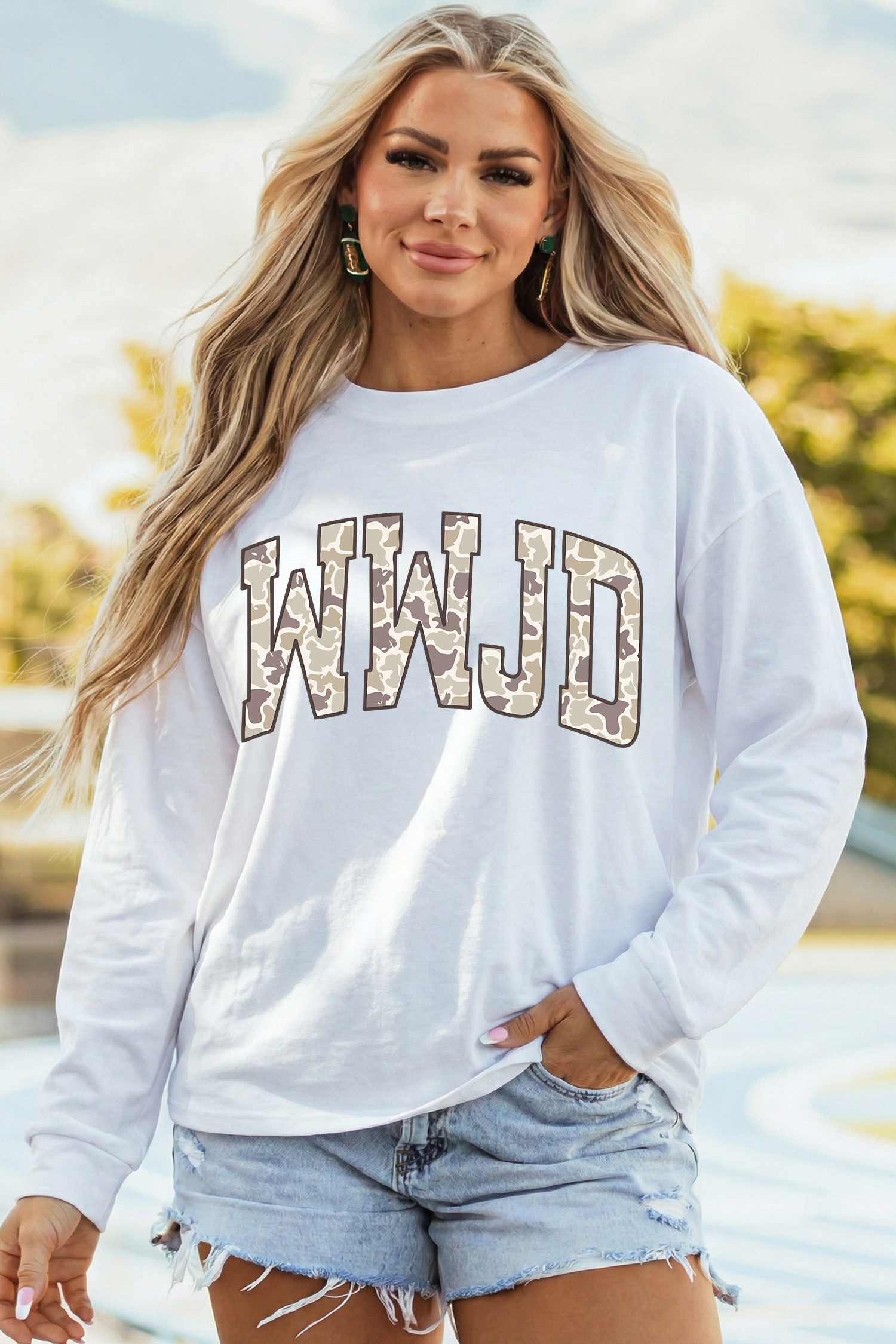 White WWJD Camo Letter Printed Long Sleeve Top - Image 5