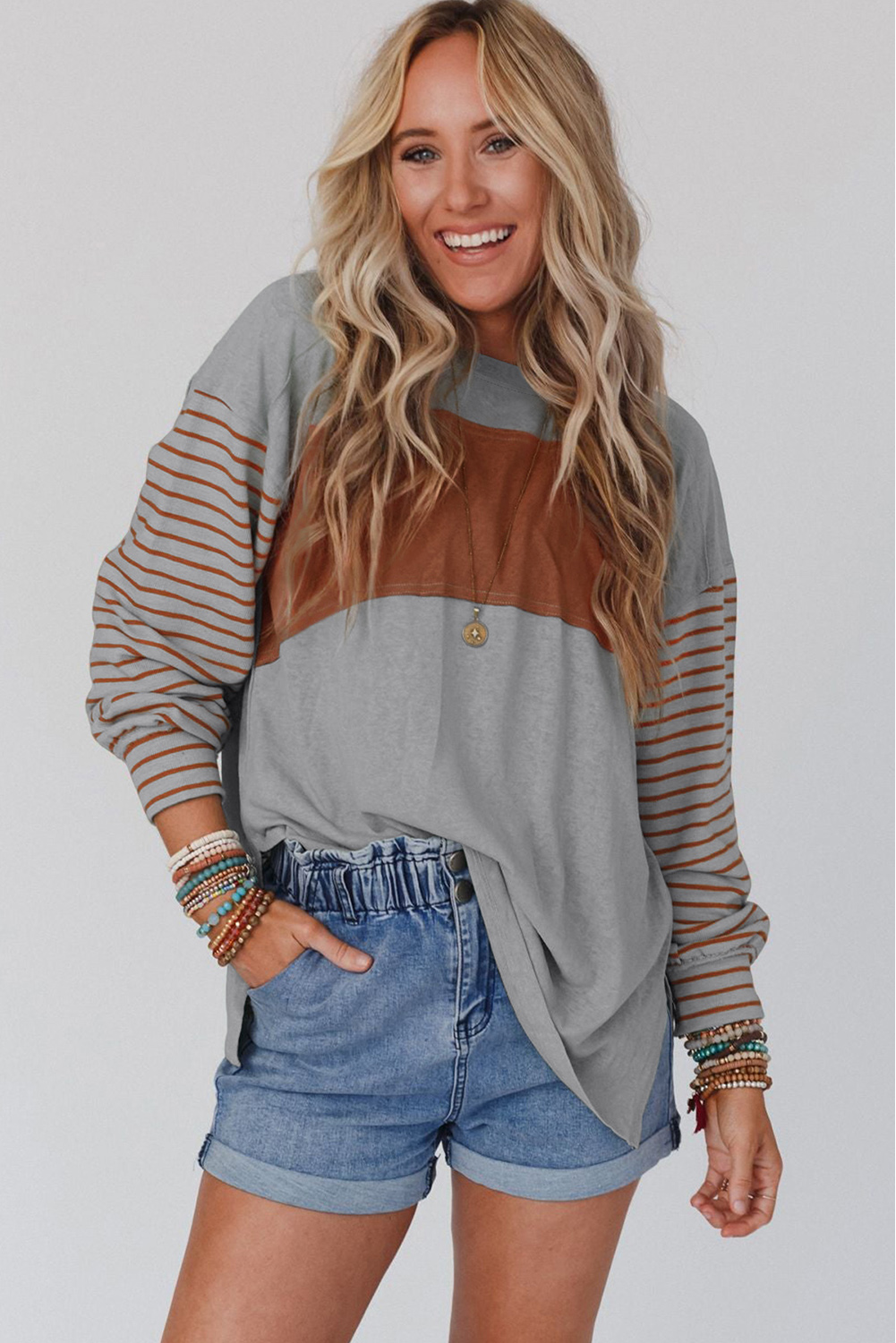 Gray Colorblock Striped Bishop Sleeve Top - Image 4