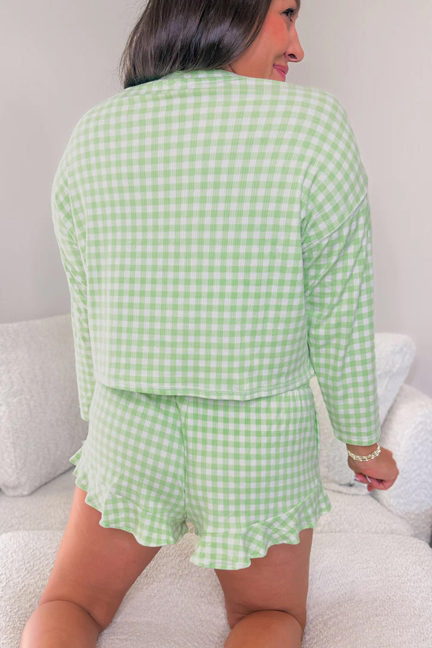 Green Gingham Long Sleeve Loose Top Drawstring Shorts 2pcs Lounge Set - Image 2