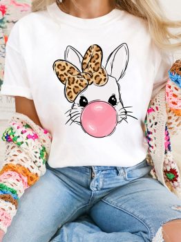 White Leopard Bow Bubble Rabbit Graphic Tee