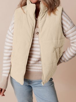 Beige Corduroy Stand Neck Zipped Puffer Vest