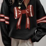 Black Varsity Baseball Bow Graphic Striped Sleeve Baggy Sweatshirt