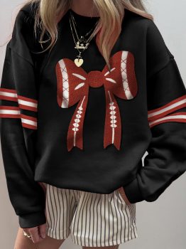 Black Varsity Baseball Bow Graphic Striped Sleeve Baggy Sweatshirt