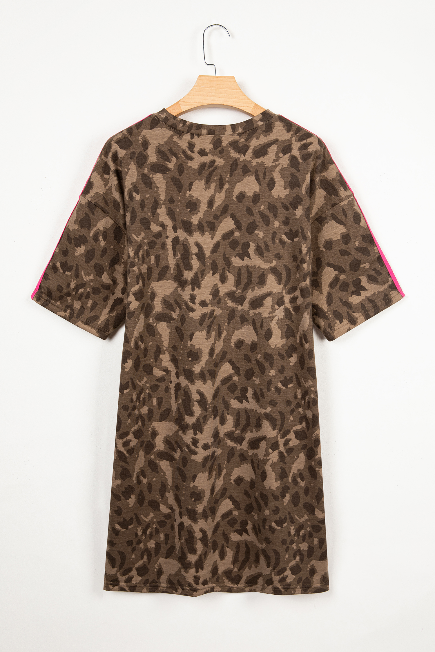 Brown Loose Contrast Striped Accent Leopard T Shirt Mini Dress with Pockets - Image 3