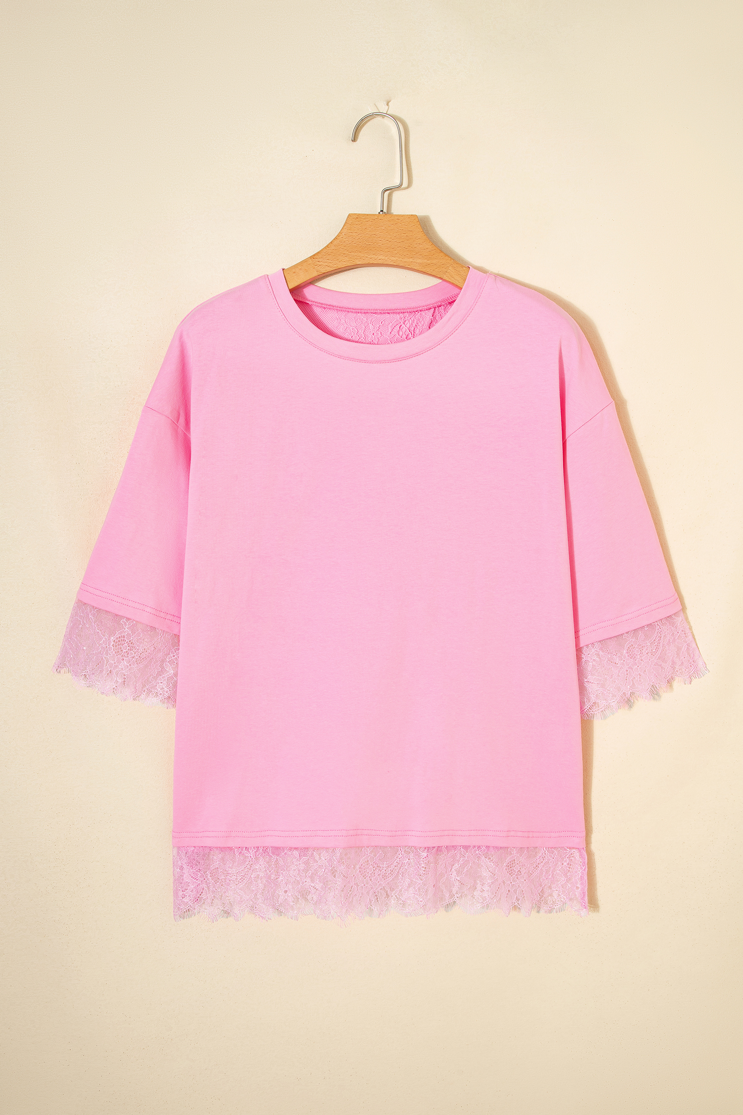 Pink Eyelash Floral Lace Patchwork Half Sleeve Oversize Tee - Image 5