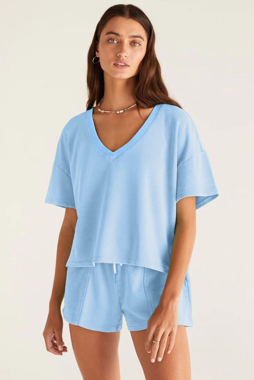 Myosotis V Neck Drop Shoulder Tee and Patchwork Drawstring Elastic Waistband Shorts Set - Image 3