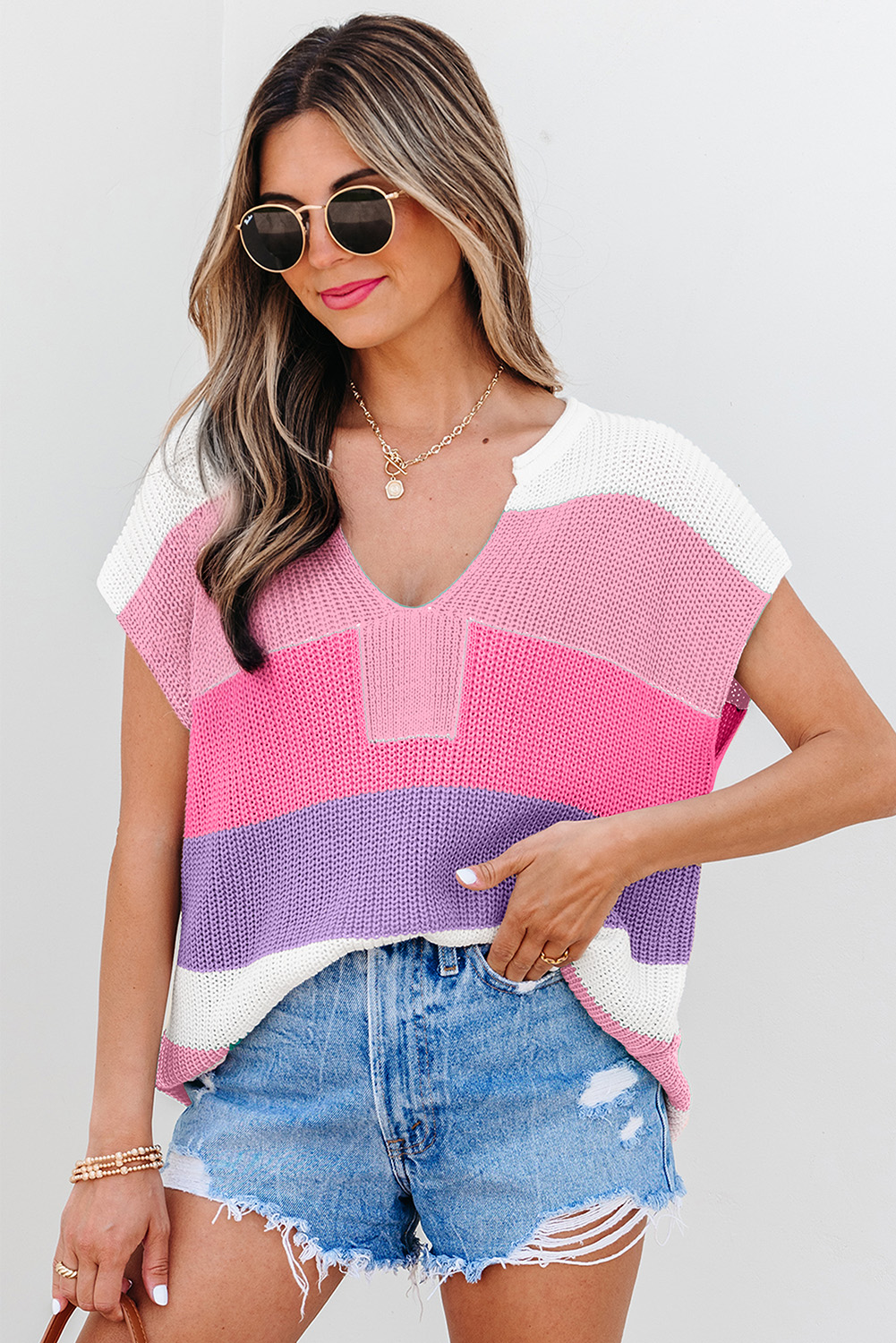 Pink Color Block Notch V Neck Sweater T Shirt - Image 3