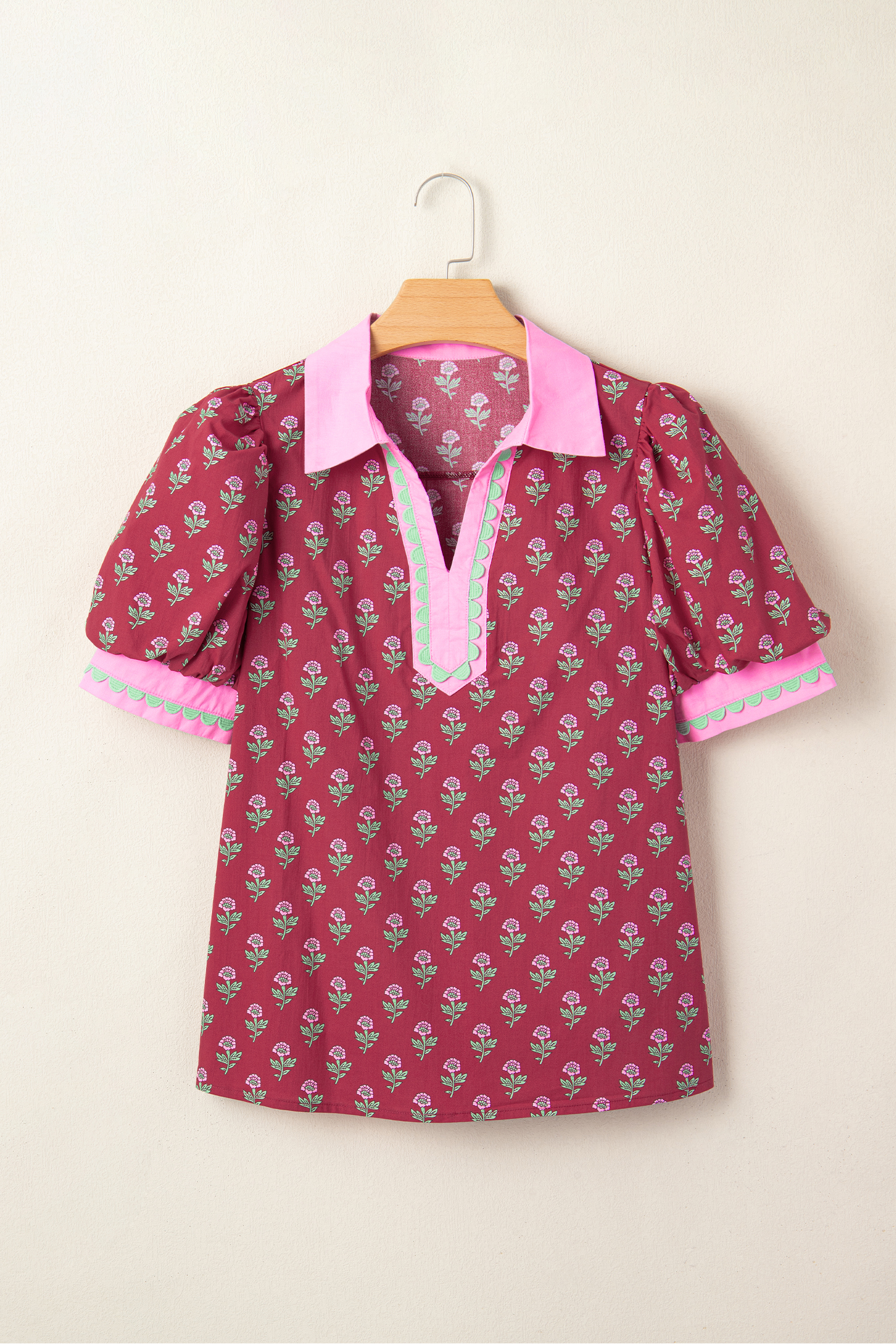 Red Contrast Collared V Neck Ricrac Trim Short Puff Sleeve Flower Blouse - Image 4