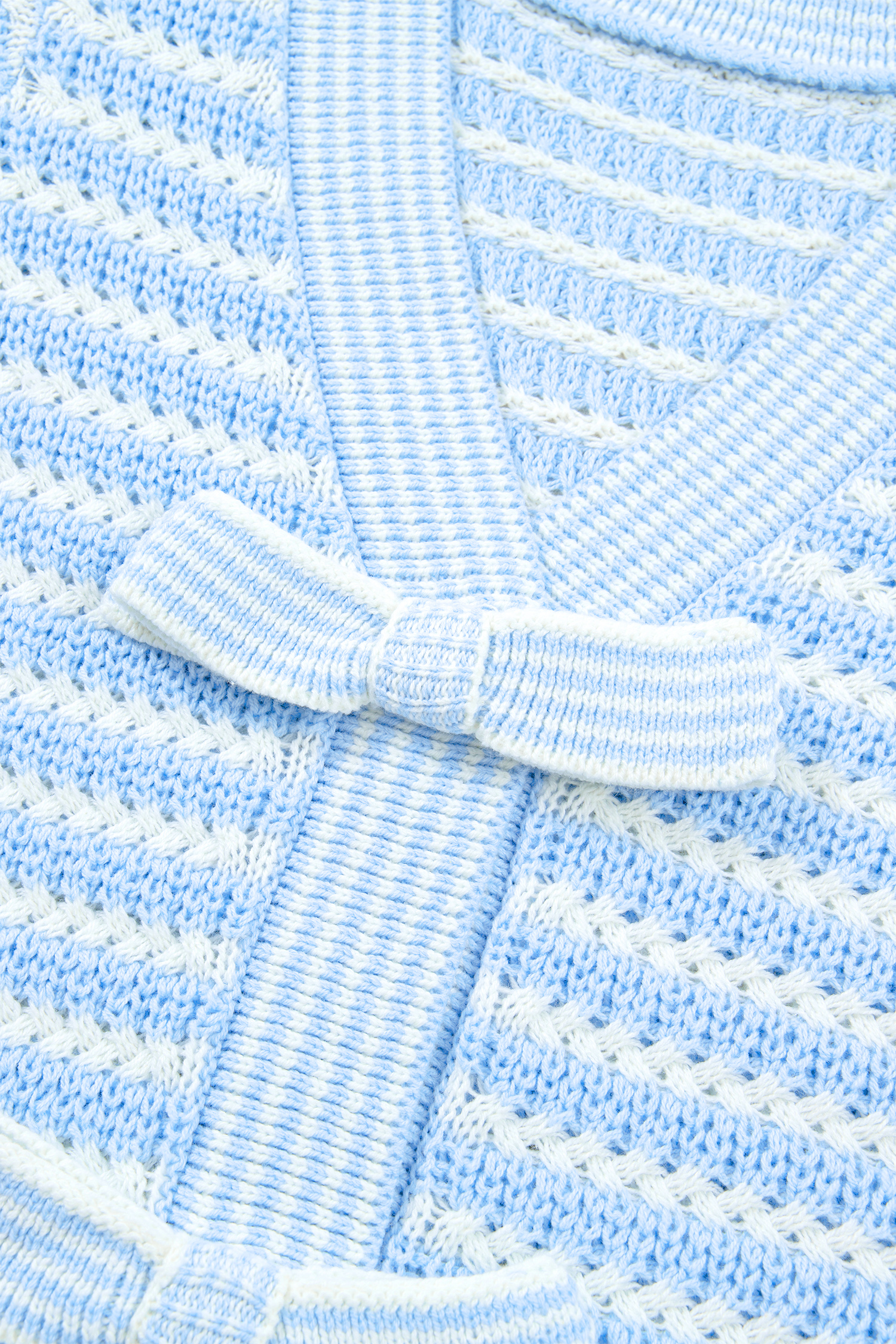 Sky Blue Stripe Short Sleeve Knit V Neck Bow Knot Sweater - Image 8