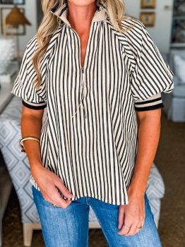 Black Stripe Polo Collar Half Zip Short Puff Sleeve Blouse