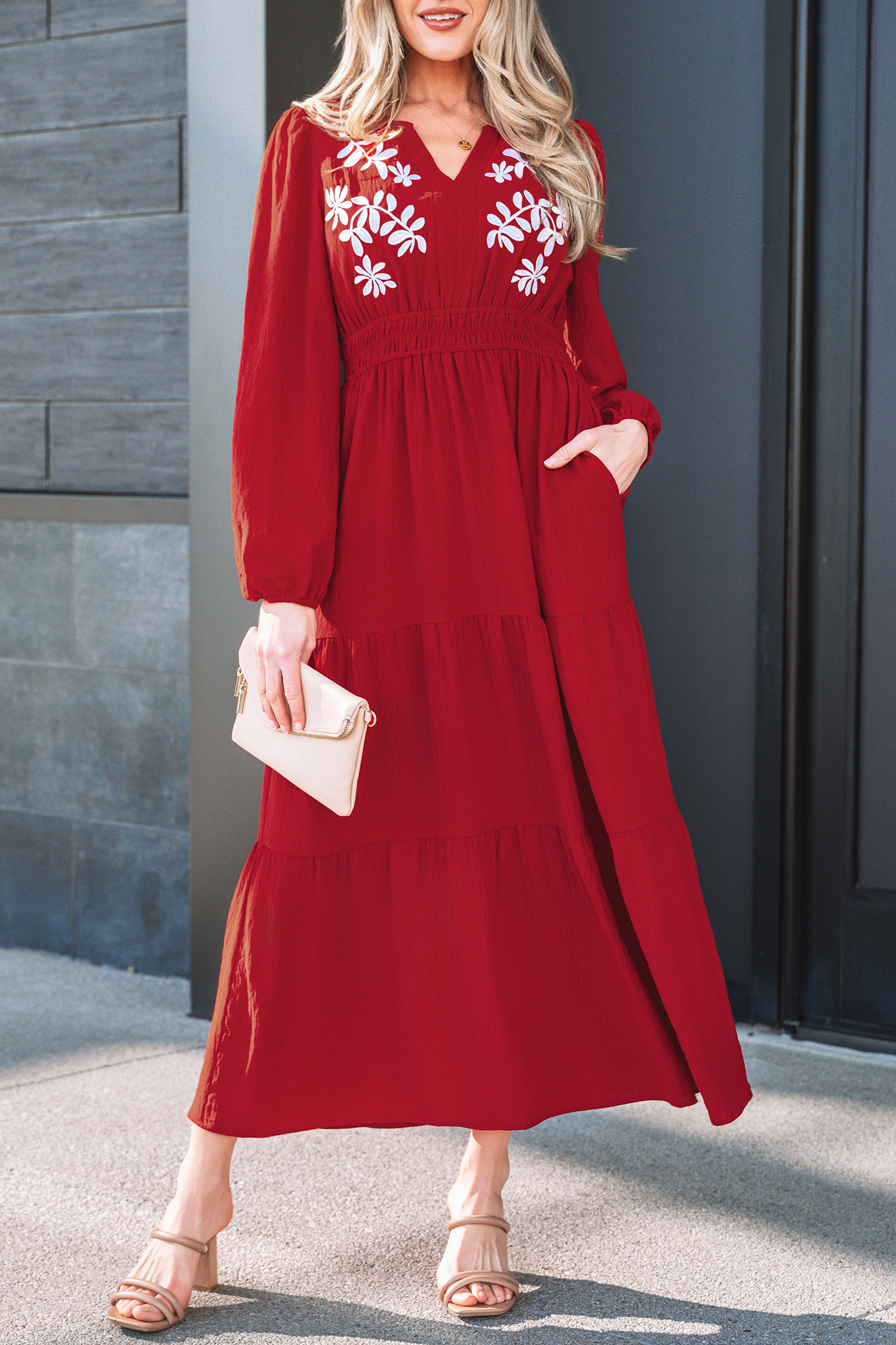 Racing Red Contrast Embroidered Detail Cinched Waist Tiered Long Sleeve Maxi Dress - Image 7