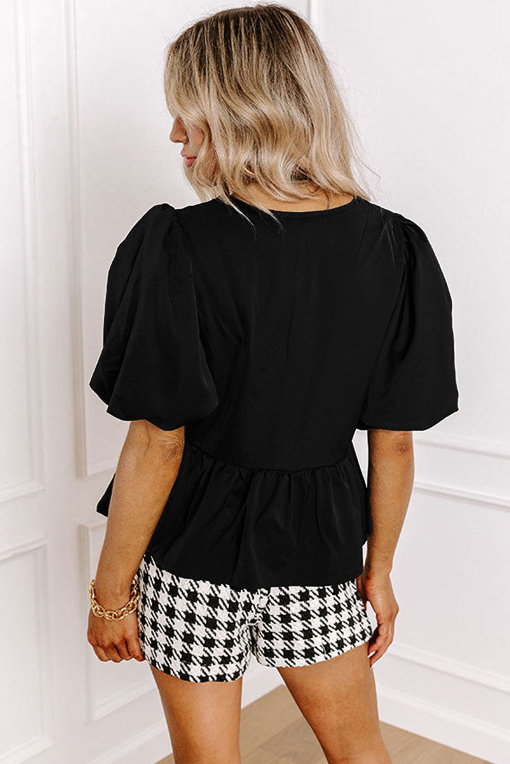 Black Puff Sleeve Bowknot Front Peplum Blouse - Image 2