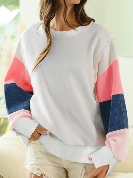 White French Terry Color Block Long Sleeve Top