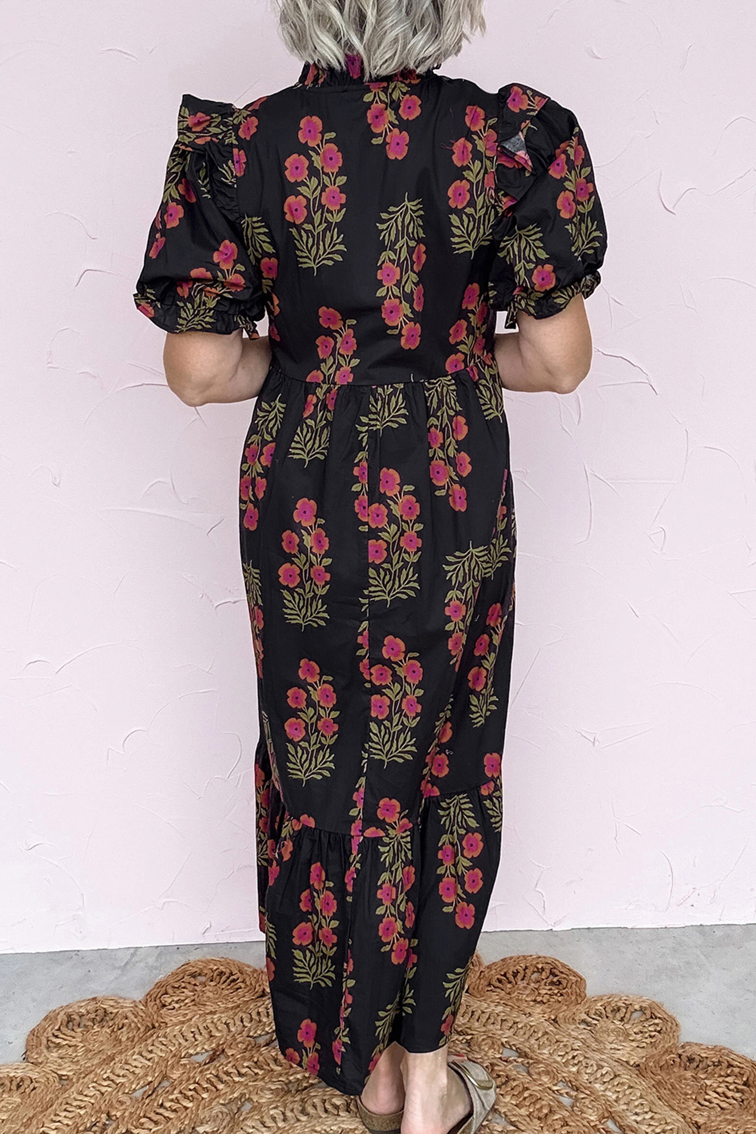 Black Floral Short Bubble Sleeve Tiered Maxi Dress - Image 2