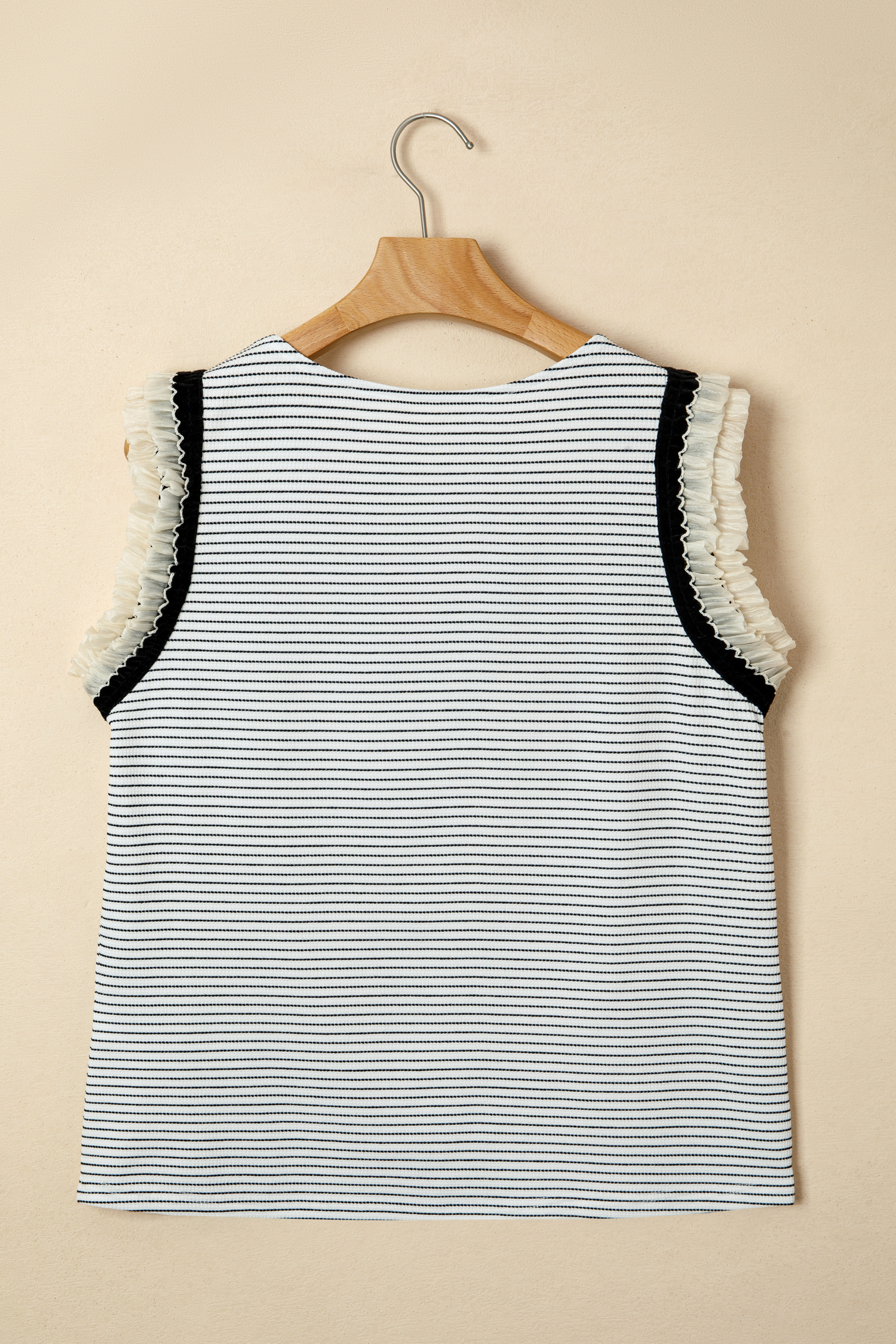 Black Stripe Contrasted Ruffle Trim Casual Tank Top - Image 3